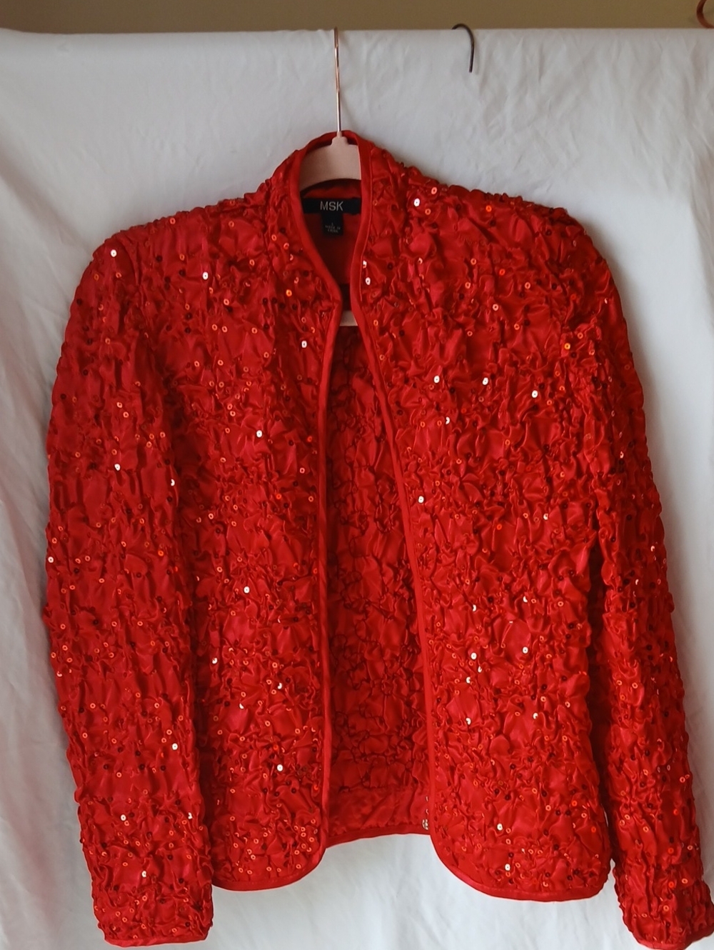 MSK Red Sequin Textured Open-Front Jacket SEE VIDEO!